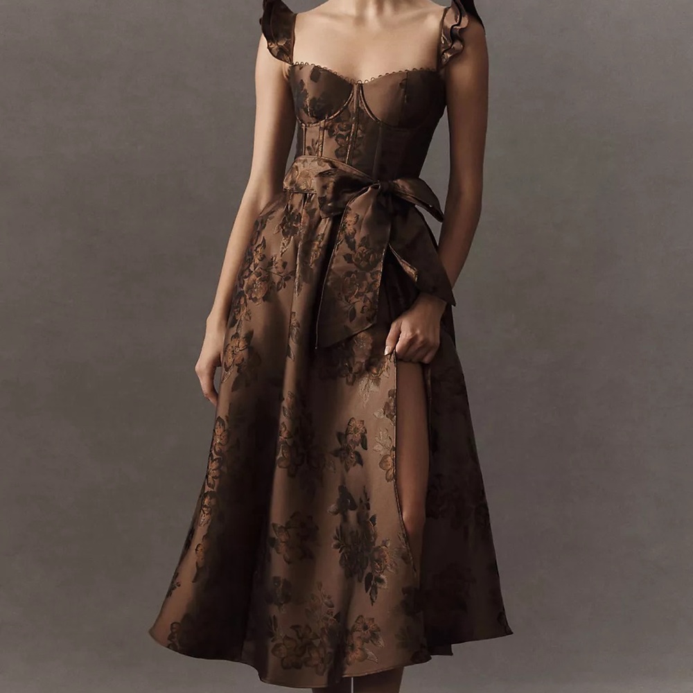 Elegant Brown Floral Midi Dress with Bow Accent